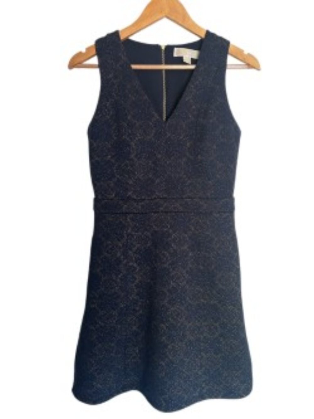 Michael Kors Navy Blue & Gold Medallion Jacquard Sleeveless Dress Small